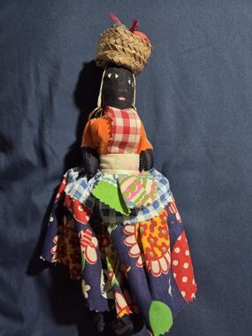Vintage 1960s Jamaican Souvenir Cloth Rag Doll 10" • Handmade Market Woman Folk